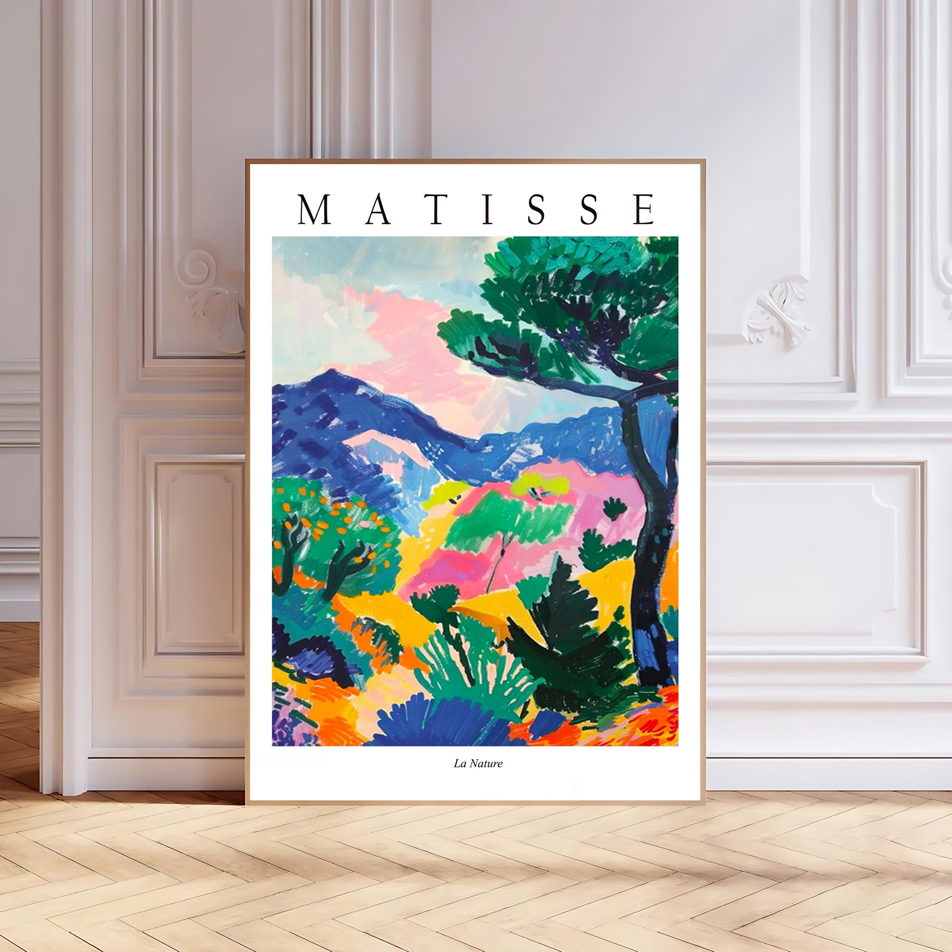 Framed Matisse artwork on a wall with decorative molding.