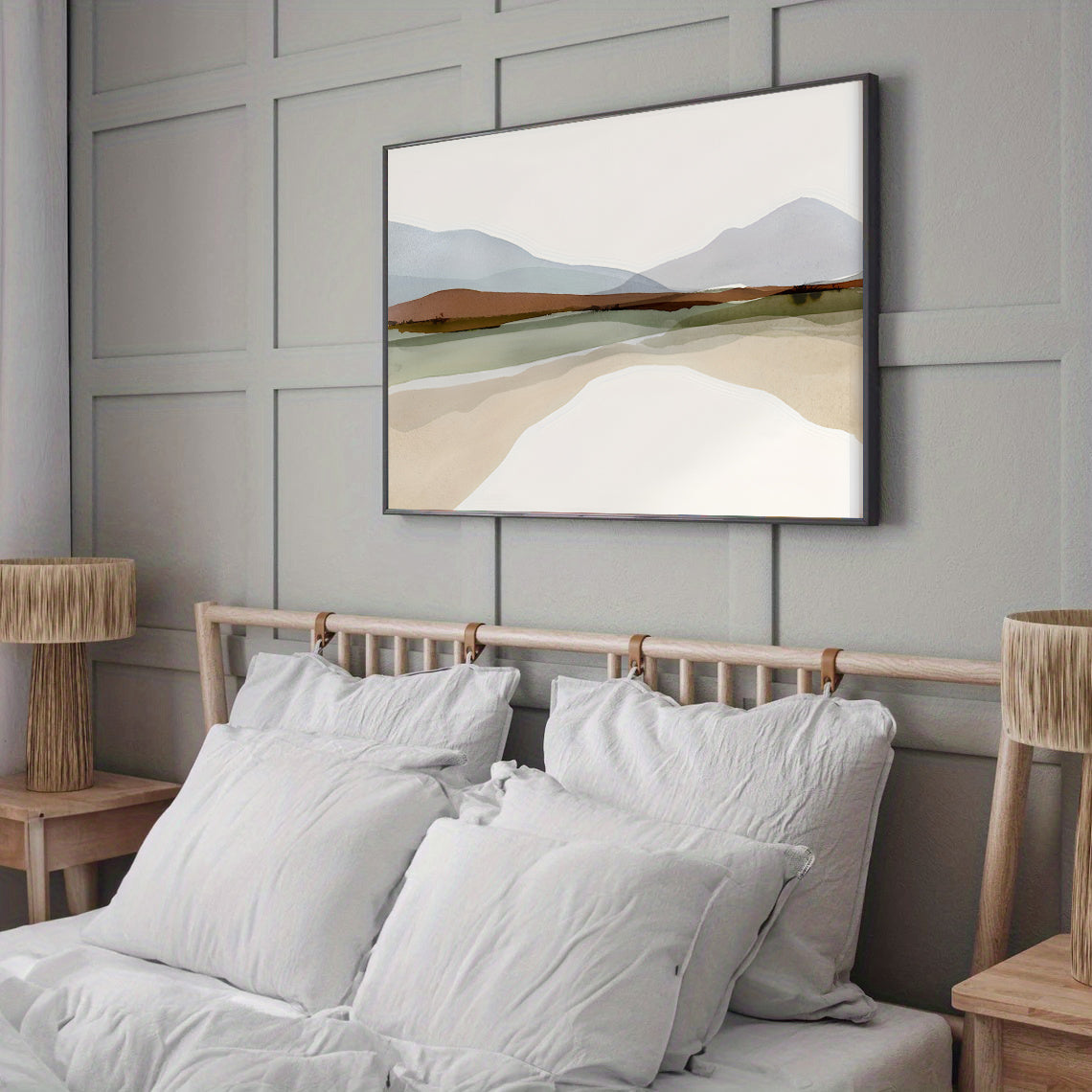 Bedroom with a bed, pillows, and a landscape painting on the wall.