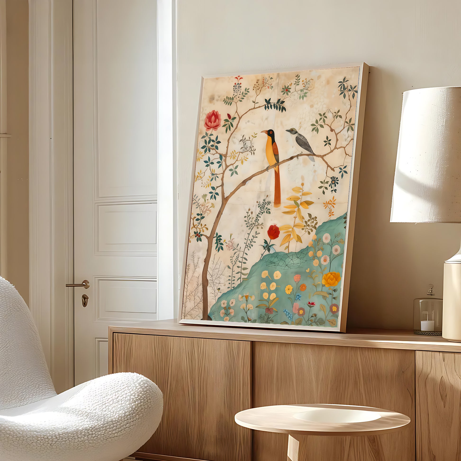 Decorative painting of birds on a branch with flowers in a room with a white chair and wooden cabinet.