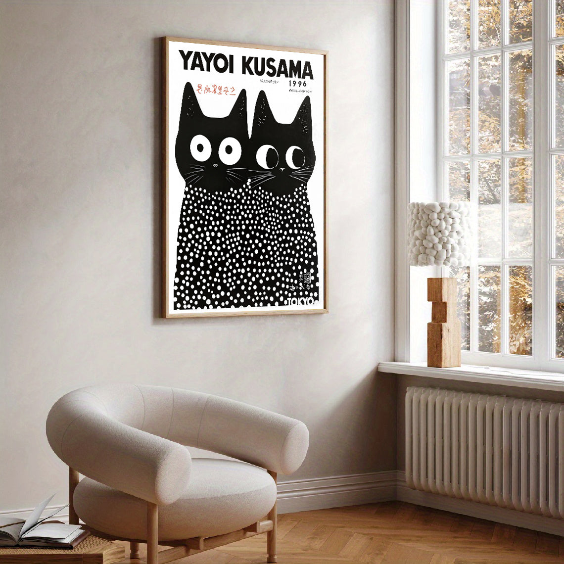 Large-eyed Kusama cat artwork with polka dots