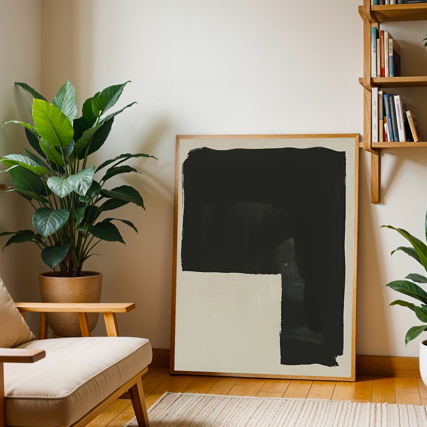 Framed abstract art piece on a wall with a plant and bookshelf in a room.