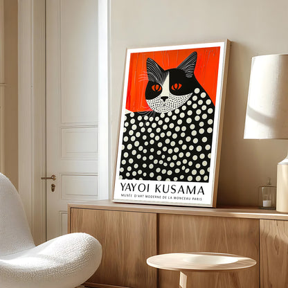 Framed Yayoi Kusama-inspired cat artwork displayed on wooden sideboard in elegant living room, modern art print wall decor aesthetic
