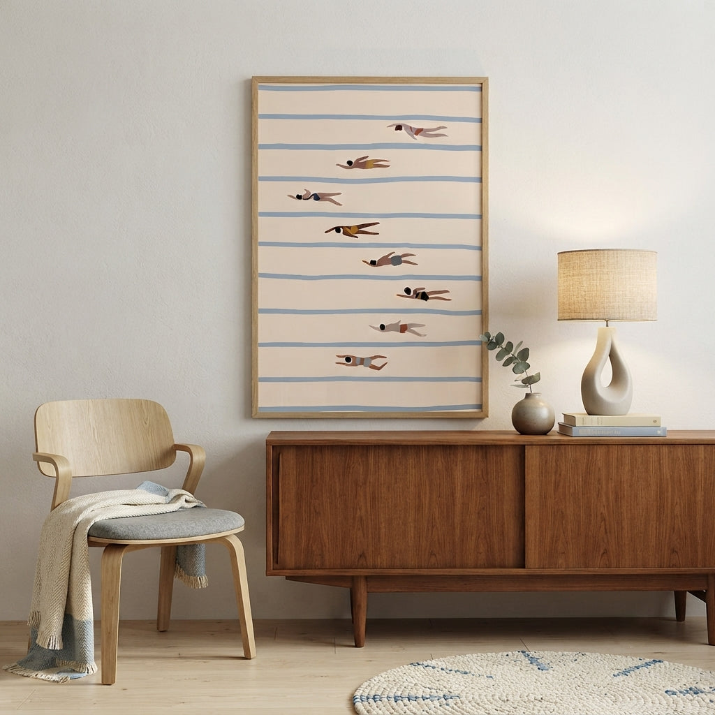 A framed Minimalist Swimming Pool Art Print in a black framed abstract swimmers print style, featuring stylized flying birds on horizontal blue stripes, displayed above a mid-century modern wooden sideboard in a styled room with a chair, lamp, and small vase.