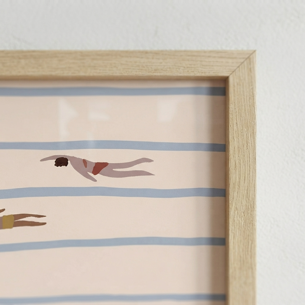 Minimalist Swimming Pool Art Print in a natural oak wooden frame for Scandinavian home décor.