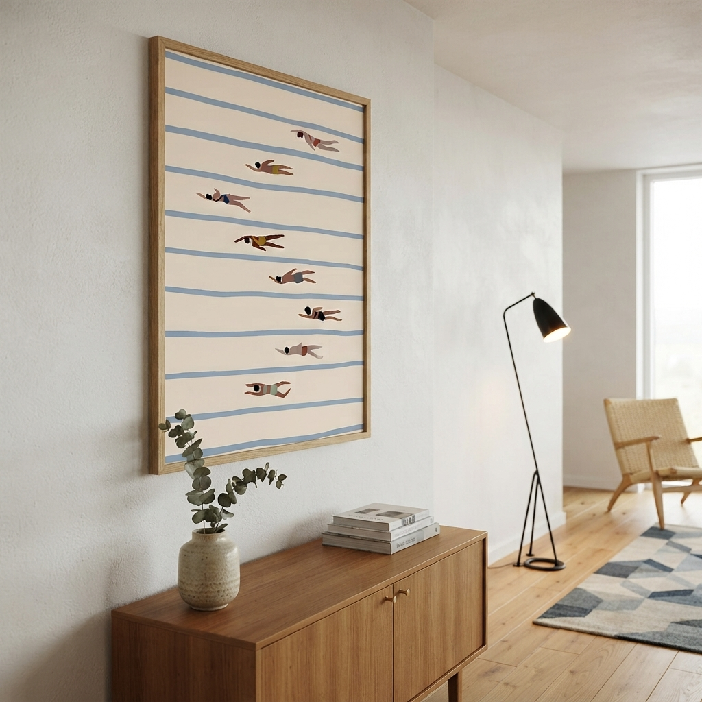 A framed Minimalist Swimming Pool Art Print for coastal chic hallway wall décor, hangs above a wooden cabinet in a bright, modern room. The artwork features a cream background with horizontal light blue stripes and several small flying bird illustrations.