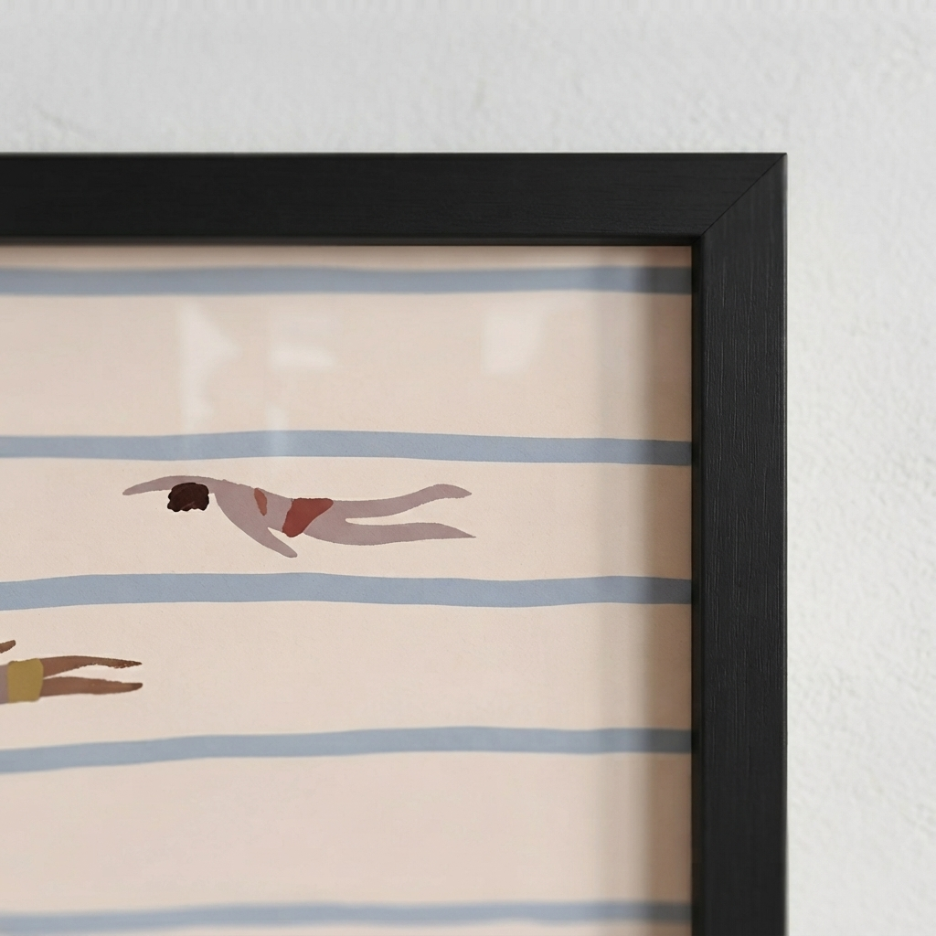 Minimalist Swimming Pool Art Print displayed as a black framed poster for modern home décor.