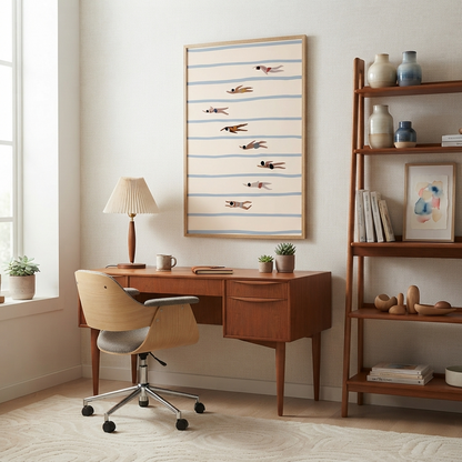 A mid-century modern home office scene featuring a wooden desk and chair, a tall shelving unit, and a framed art print depicting Minimalist Swimming Pool Art Print with geometric swimmer artwork for Scandinavian interiors, hanging on the wall.