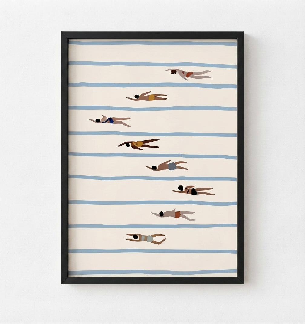 Framed wall art featuring a minimalist illustration of people swimming horizontally across cream-colored water with light blue stripes, displayed in a black frame against a white wall.