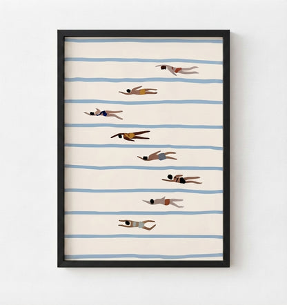 Framed wall art featuring a minimalist illustration of people swimming horizontally across cream-colored water with light blue stripes, displayed in a black frame against a white wall.