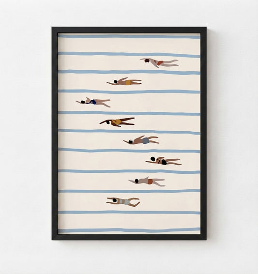 Framed wall art featuring a minimalist illustration of people swimming horizontally across cream-colored water with light blue stripes, displayed in a black frame against a white wall.