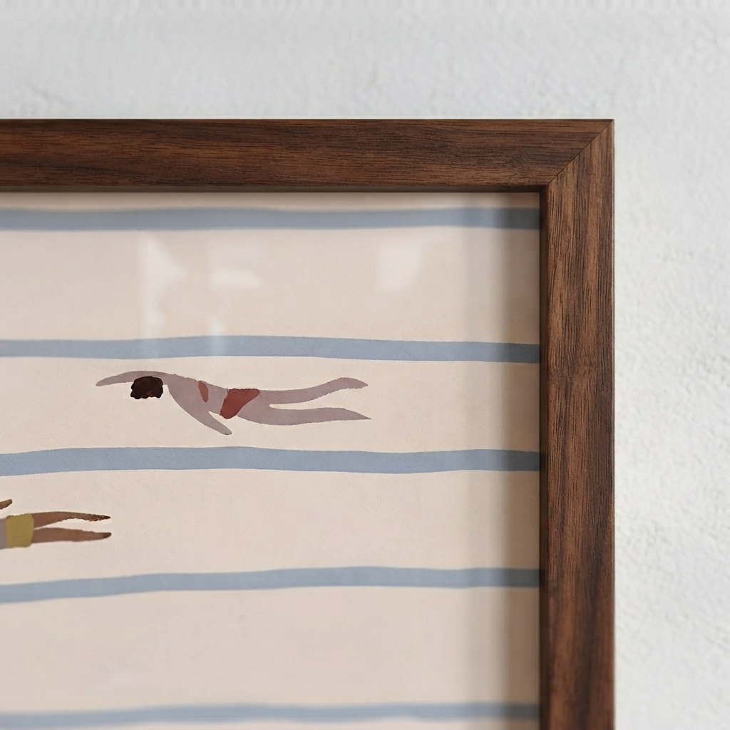 Dark brown framed Minimalist Swimming Pool Art Print with geometric swimmer illustration.
