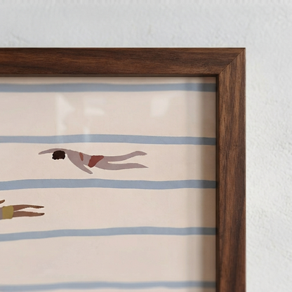 Dark brown framed Minimalist Swimming Pool Art Print with geometric swimmer illustration.