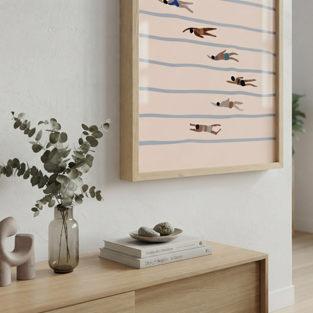 Framed Minimalist Swimming Pool Art Print inspired by mid-century modern swimming pool art,  featuring a minimalist illustration of people floating on horizontal blue stripes against a pale pink background, displayed in a light wood frame on a white wall above a wooden console table with books and a vase.