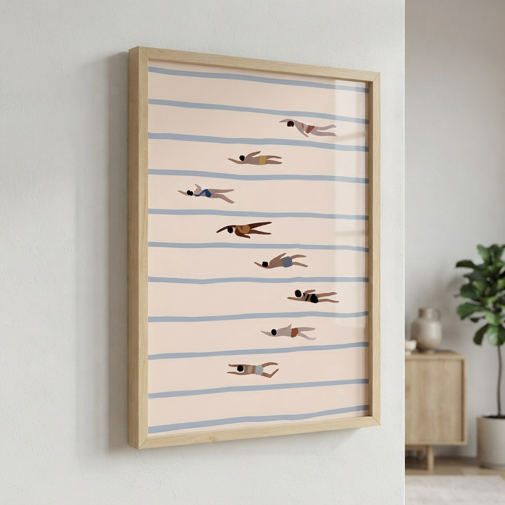 A framed Minimalist Swimming Pool Art Print with overhead view swimming pool and lane lines. featuring a minimalist illustration of people floating on water, hung on a light-colored wall in a modern room setting.