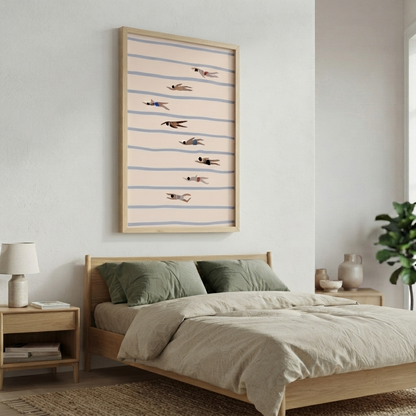 A framed  Minimalist Swimming Pool Art Print featuring swimming pool lane lines and minimalist design, featuring small birds in flight over pale blue horizontal stripes, displayed above a light wood bed in a softly styled bedroom.