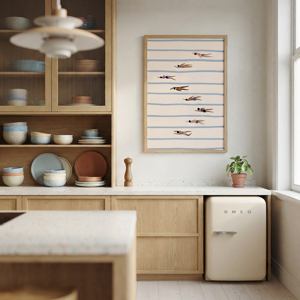 Minimalist Swimming Pool Art Print as modern kitchen wall decor with Scandinavian style.