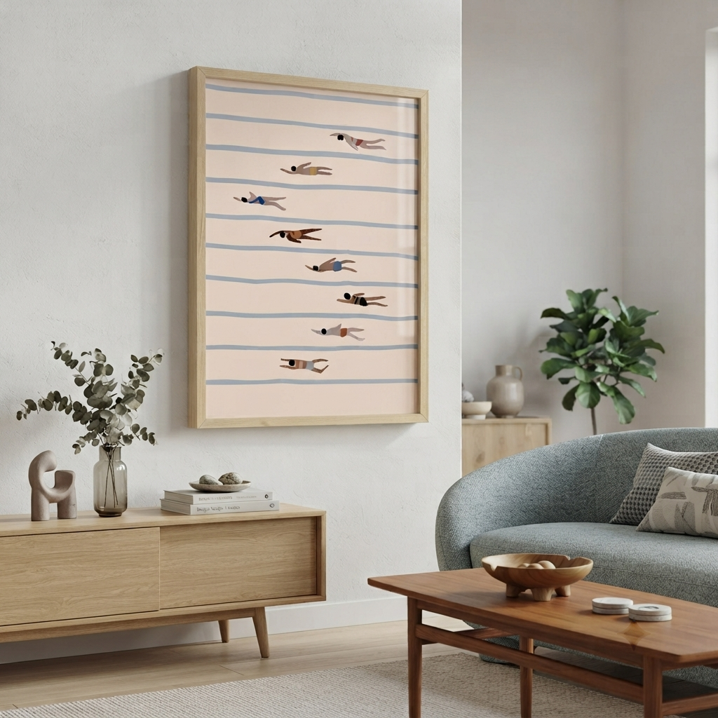 A framed   Minimalist Swimming Pool Art Print with geometric swimmer illustration and Scandinavian design featuring a minimalist design of swimmers on horizontal blue stripes against a pale pink background, styled in a modern living room setting.
