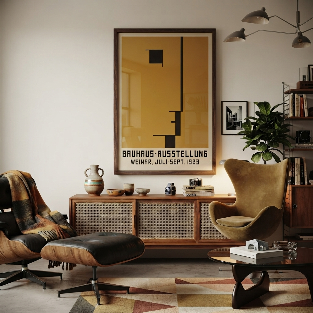A large framed  Minimalist Geometric Bauhaus Exhibition Art Print – Bauhaus Style Geometric Exhibition Poster by PrintHaus featuring a mustard yellow abstract design and the text 'BRAUHAUS-AUSSTELLUNG WEIMAR, JÜLLI 1923' hangs on a light beige wall in a styled living room with mid-century furniture.