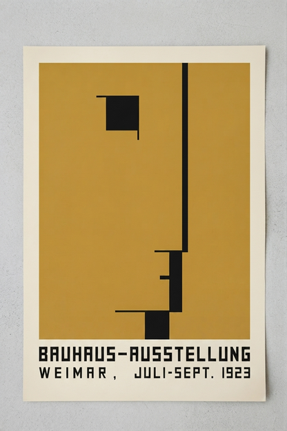 A minimalist Bauhaus-style poster print with a mustard yellow field, black geometric line and block shapes, and black text reading 'BAUHAUS-AUSSTELLUNG WEIMAR, JULI-SEPT. 1923' on a light neutral background.