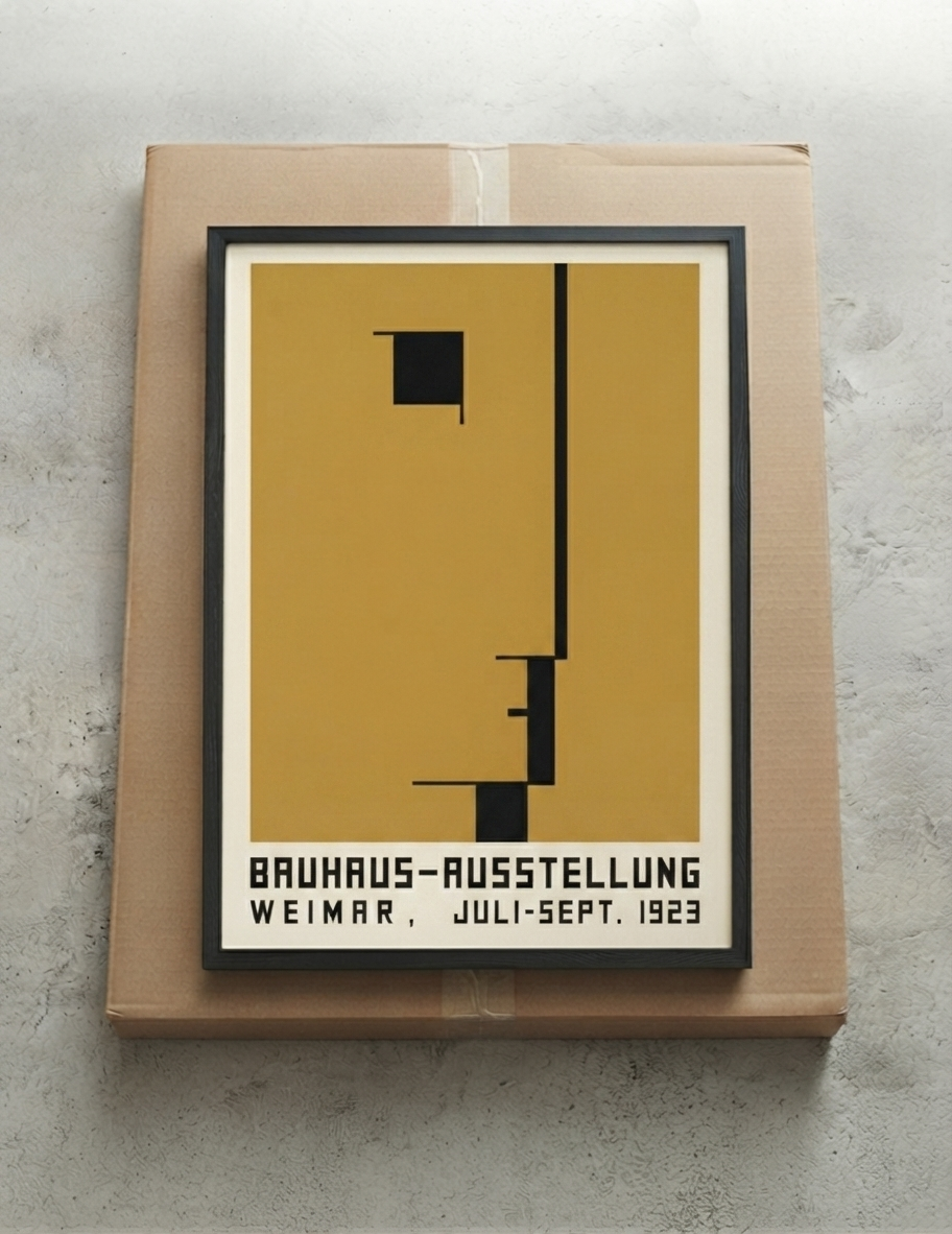 A framed  Minimalist Geometric Bauhaus Exhibition Art Print – Bauhaus Inspired Modern Wall Décor by PrintHaus featuring a minimalist black geometric design on a mustard yellow background, mounted on a brown cardboard box against a textured gray wall.