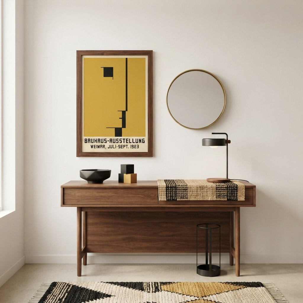 A framed Minimalist Geometric Bauhaus Exhibition Art Print – Modern Bauhaus Weimar 1923 Wall Decor by PrintHaus with a mustard yellow background hangs on a light wall above a wooden console table in a styled interior. A round mirror, black table lamp, woven runner, bowls, and a rug are also visible.