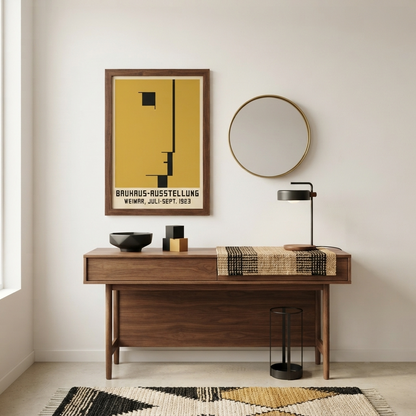 A framed Minimalist Geometric Bauhaus Exhibition Art Print – Modern Bauhaus Weimar 1923 Wall Decor by PrintHaus with a mustard yellow background hangs on a light wall above a wooden console table in a styled interior. A round mirror, black table lamp, woven runner, bowls, and a rug are also visible.