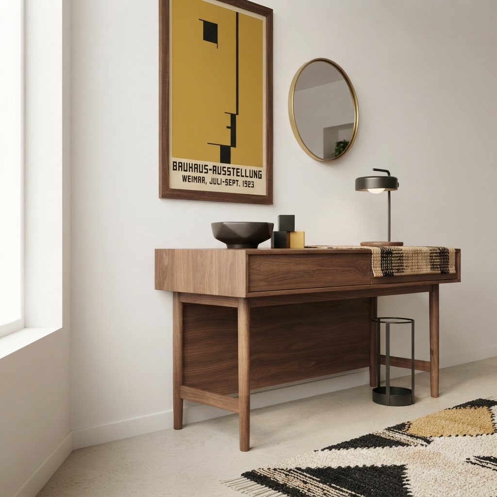 A mid-century modern wooden console table in a warm walnut finish, styled in a minimalist room with a yellow framed Minimalist Geometric Bauhaus Exhibition Art Print – Minimalist Bauhaus 1923 Exhibition Giclée by PrintHaus, a round gold-framed mirror, a black table lamp, and a patterned rug.