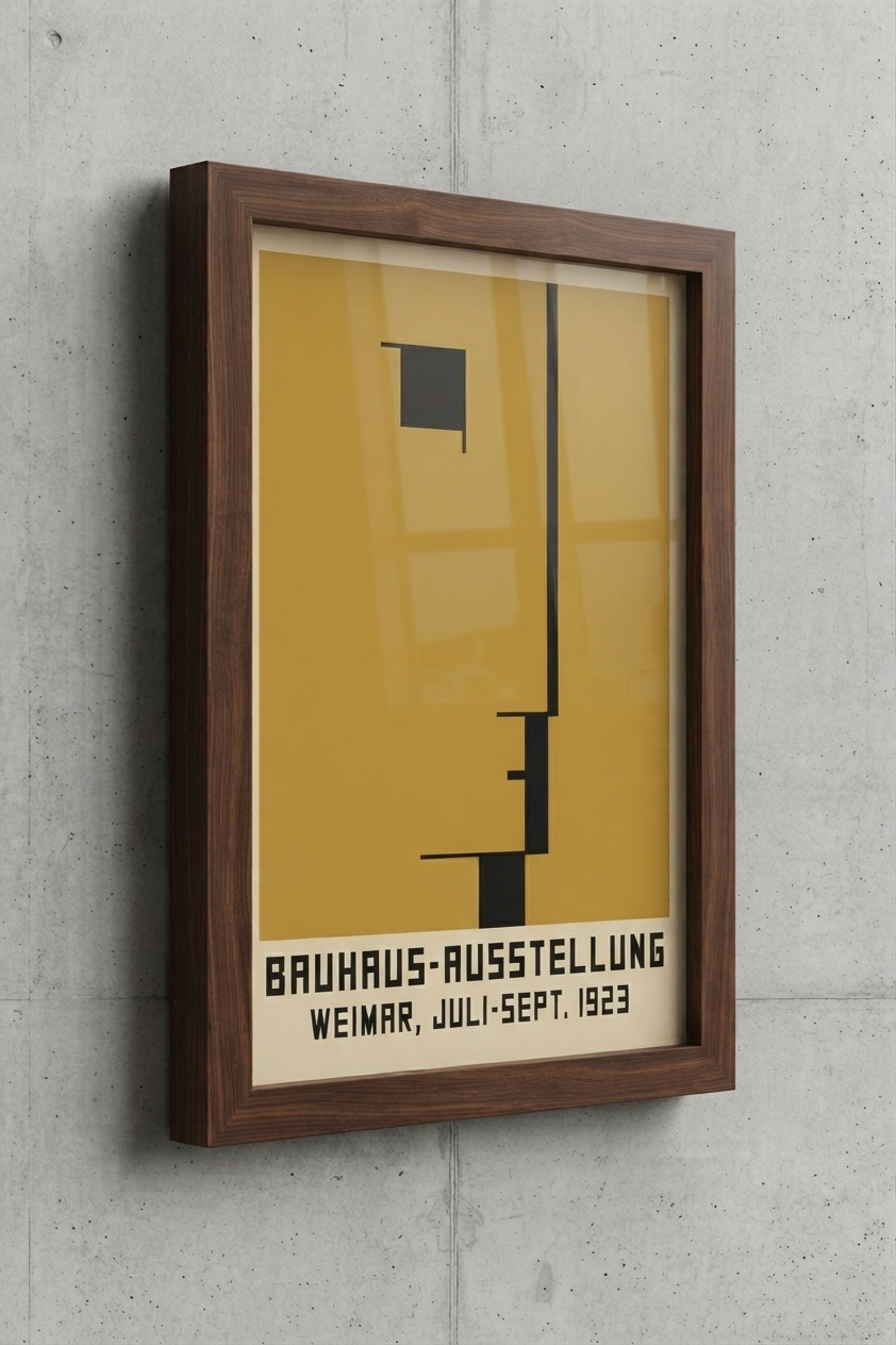 A framed Minimalist Geometric Bauhaus Exhibition Art Print – Retro Bauhaus Style Exhibition Poster Print by PrintHaus, July-September 1923, featuring a minimalist black geometric design on a mustard yellow background, housed in a dark brown wooden frame and mounted on a textured gray concrete wall.