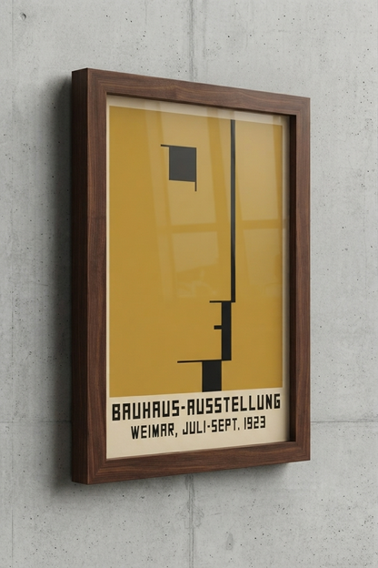 A framed Minimalist Geometric Bauhaus Exhibition Art Print – Retro Bauhaus Style Exhibition Poster Print by PrintHaus, July-September 1923, featuring a minimalist black geometric design on a mustard yellow background, housed in a dark brown wooden frame and mounted on a textured gray concrete wall.
