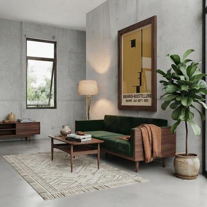 A modern living room scene featuring a dark green velvet sofa with a wooden frame, styled with a patterned rug, a mid-century coffee table, a floor lamp, and a large potted fiddle-leaf fig plant. On the textured concrete wall hangs a framed Minimalist Geometric Bauhaus Exhibition Art Print – Retro Geometric Bauhaus 1923 Poster | PrintHaus