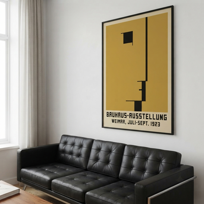 A framed Minimalist Geometric Bauhaus Exhibition Art Print – Abstract Bauhaus 1923 Art Print by PrintHaus with a mustard yellow background and black geometric line art hangs on a white wall above a black leather sofa in a modern living room.