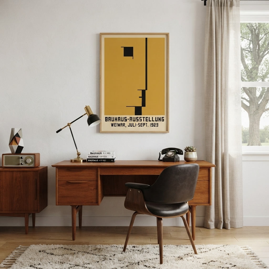A framed Minimalist Geometric Bauhaus Exhibition Art Print – Geometric Bauhaus 1923 Print for Office by PrintHaus with a mustard yellow background and black geometric lines hangs on a white wall above a wooden desk in a styled room with a chair, lamp, radio, and window.
