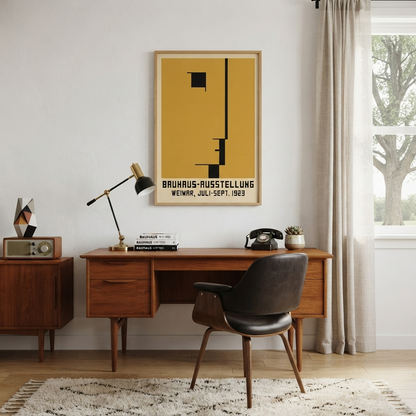 A framed Minimalist Geometric Bauhaus Exhibition Art Print – Geometric Bauhaus 1923 Print for Office by PrintHaus with a mustard yellow background and black geometric lines hangs on a white wall above a wooden desk in a styled room with a chair, lamp, radio, and window.