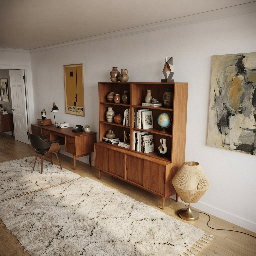 A mid-century modern wooden bookcase and matching desk set in a styled room with a white shag rug, a black leather chair, a floor lamp, and Minimalist Geometric Bauhaus Exhibition Art Print – Abstract Bauhaus Geometric Wall Print byPrintHaus
