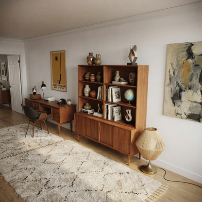 A mid-century modern wooden bookcase and matching desk set in a styled room with a white shag rug, a black leather chair, a floor lamp, and Minimalist Geometric Bauhaus Exhibition Art Print – Abstract Bauhaus Geometric Wall Print byPrintHaus