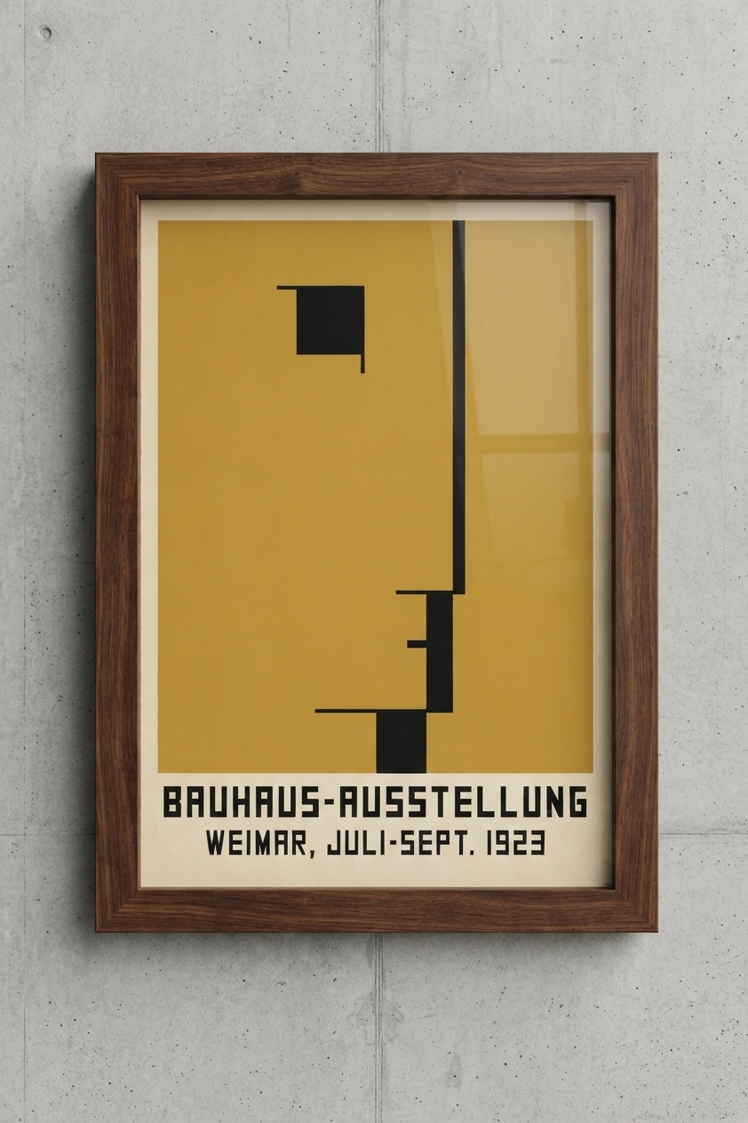 A framed Minimalist Geometric Bauhaus Exhibition Art Print – Bauhaus Style Geometric Exhibition Poster for Modern Interiors by PrintHaus featuring a minimalist black geometric design on a mustard yellow background, mounted on a light gray concrete wall.