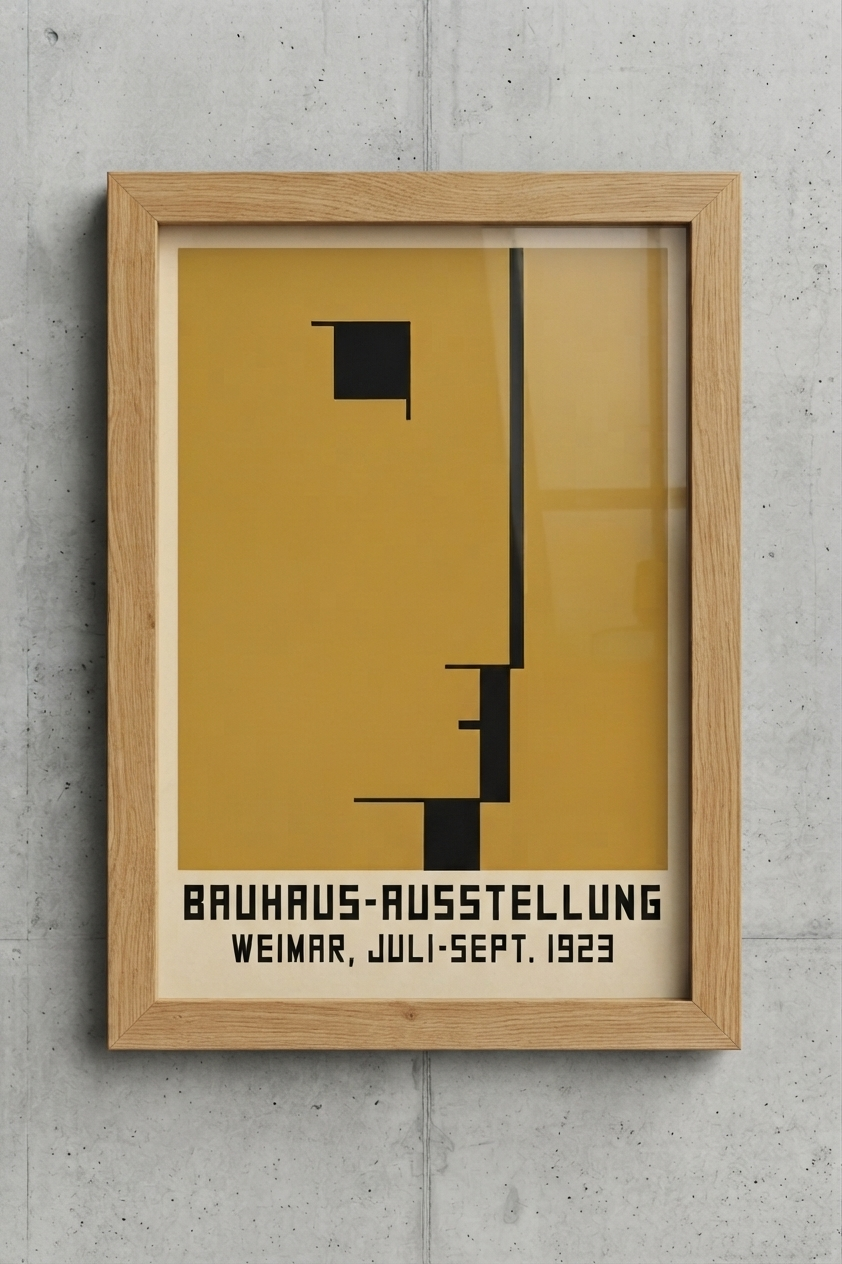 A framed  Minimalist Geometric Bauhaus Exhibition Art Print – Modernist Bauhaus Weimar 1923 Wall Decor by PrintHaus featuring a minimalist black geometric design on a mustard yellow background, mounted in a light oak wood frame against a textured gray concrete wall.