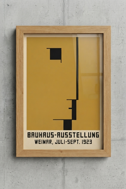 A framed  Minimalist Geometric Bauhaus Exhibition Art Print – Modernist Bauhaus Weimar 1923 Wall Decor by PrintHaus featuring a minimalist black geometric design on a mustard yellow background, mounted in a light oak wood frame against a textured gray concrete wall.