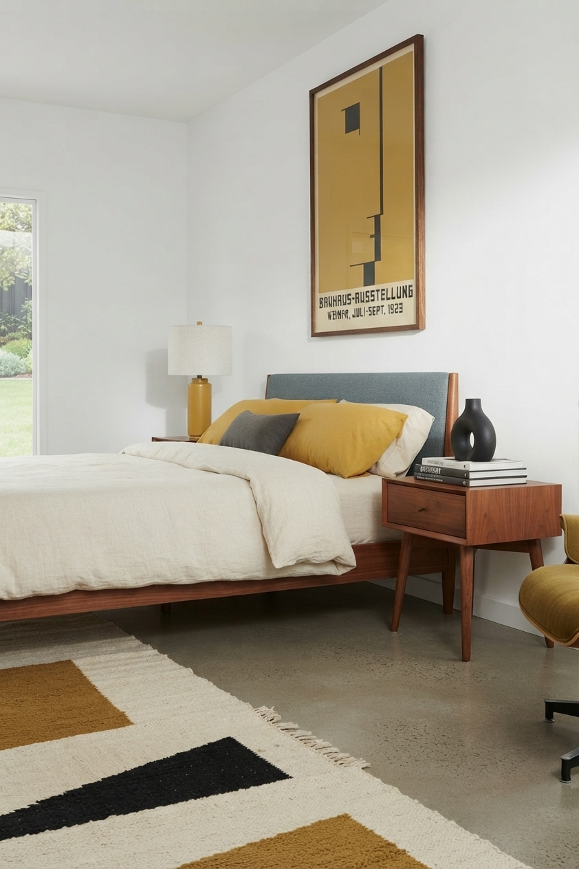A modern bedroom scene featuring a low wooden bed frame with cream bedding, yellow accent pillows, a matching wooden nightstand, and a large framed Minimalist Geometric Bauhaus Exhibition Art Print – Minimalist Weimar 1923 Bauhaus Exhibition Poster by PrintHaus on the white wall above.