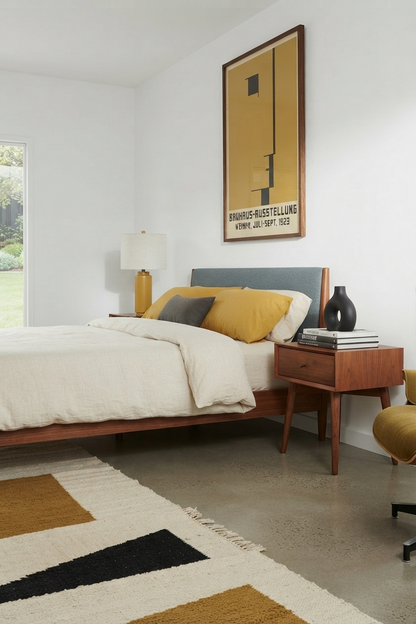 A modern bedroom scene featuring a low wooden bed frame with cream bedding, yellow accent pillows, a matching wooden nightstand, and a large framed Minimalist Geometric Bauhaus Exhibition Art Print – Minimalist Weimar 1923 Bauhaus Exhibition Poster by PrintHaus on the white wall above.