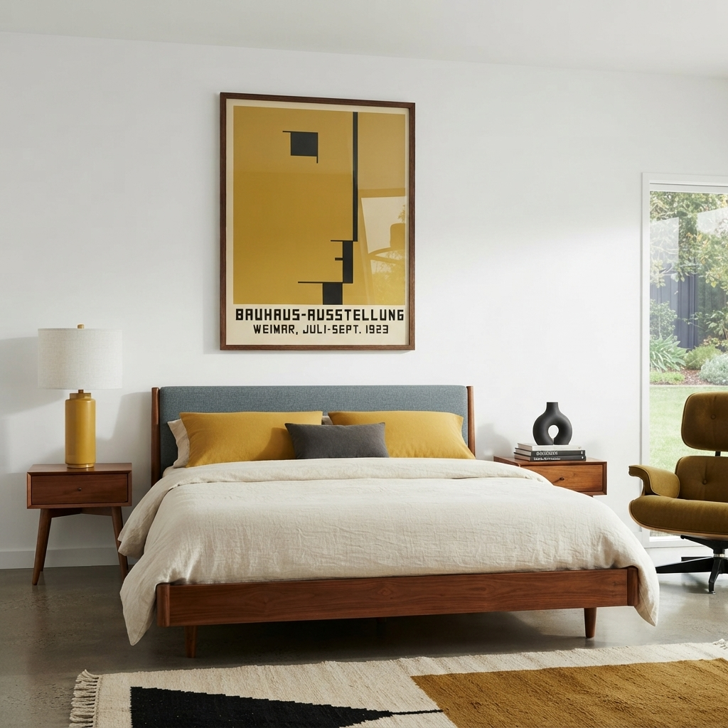 A mid-century modern bedroom featuring a wooden bed with a blue-gray upholstered headboard, styled with cream bedding and mustard yellow pillows. Above the bed hangs a framed Minimalist Geometric Bauhaus Exhibition Art Print – Bauhaus Movement Exhibition Wall Art Print  by PrintHaus