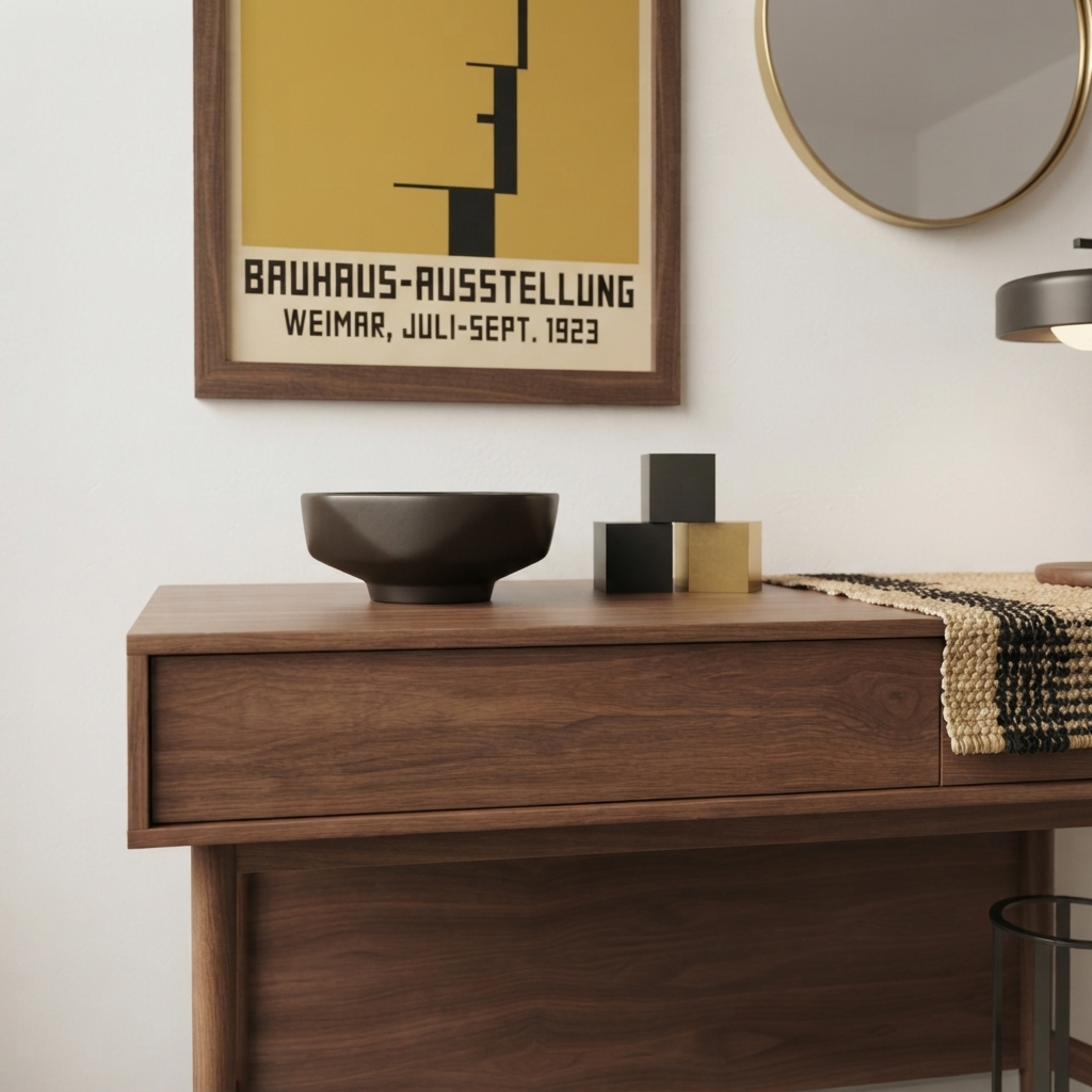 A framed  Minimalist Geometric Bauhaus Exhibition Art Print – Bauhaus Movement Exhibition Wall Art Print by PrintHaus with a mustard yellow background and black geometric design hangs on a white wall above a wooden console table. The room includes decorative objects on the table, a round mirror, and a lamp.