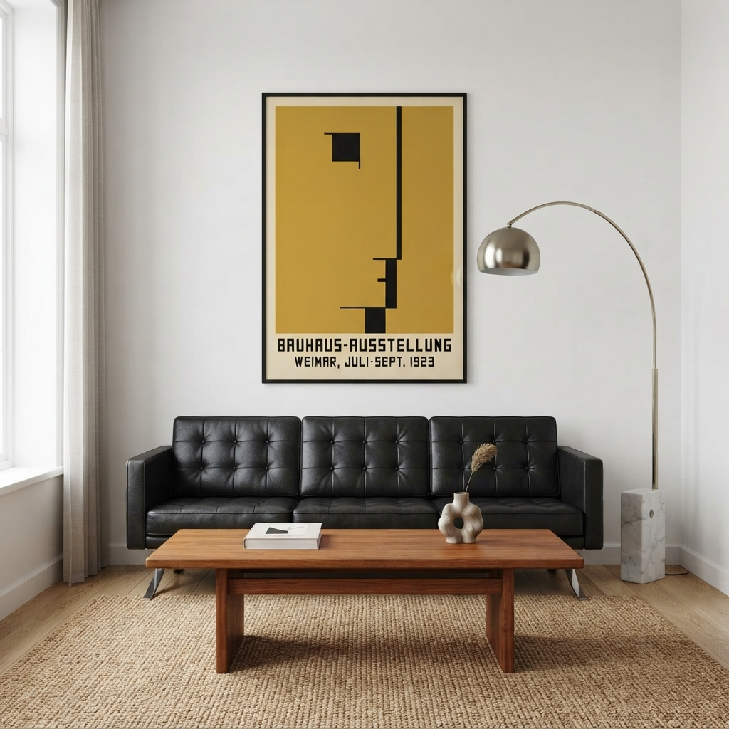 A Minimalist Geometric Bauhaus Exhibition Art Print – Minimalist Bauhaus Exhibition Wall Art  by PrintHaus with a mustard yellow background and black geometric design hangs above a black leather sofa in a modern living room with a wooden coffee table and floor lamp.