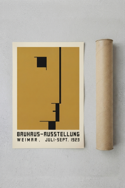 A vintage-style Bauhaus exhibition poster with a mustard yellow and black geometric design, shown next to a rolled kraft paper tube on a light gray textured background.