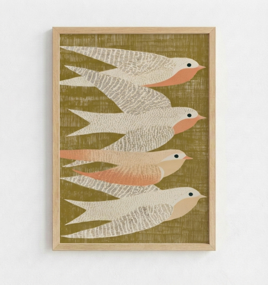 Framed wall art featuring four stylized birds in cream, beige, and peach tones on an olive green textured background, shown hanging on a white wall.