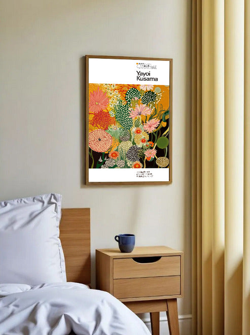 Minimalist style Yayoi Kusama inspired floral polka dot poster print on bedroom wall decor
