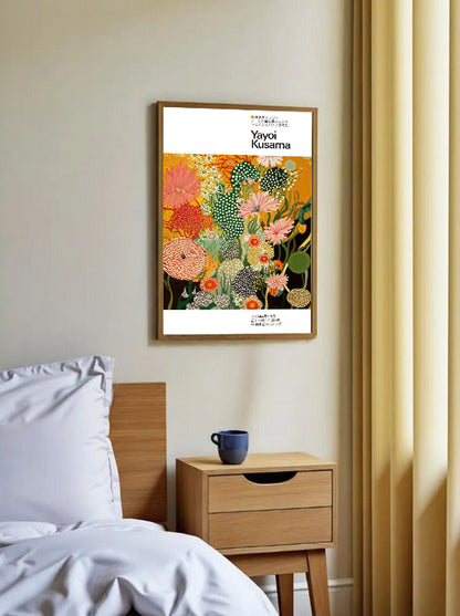 Minimalist style Yayoi Kusama inspired floral polka dot poster print on bedroom wall decor