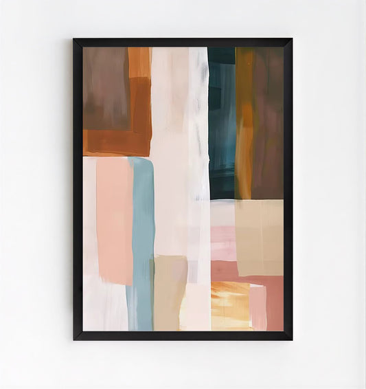 Abstract art print with colorful geometric shapes in a black frame on a white wall.