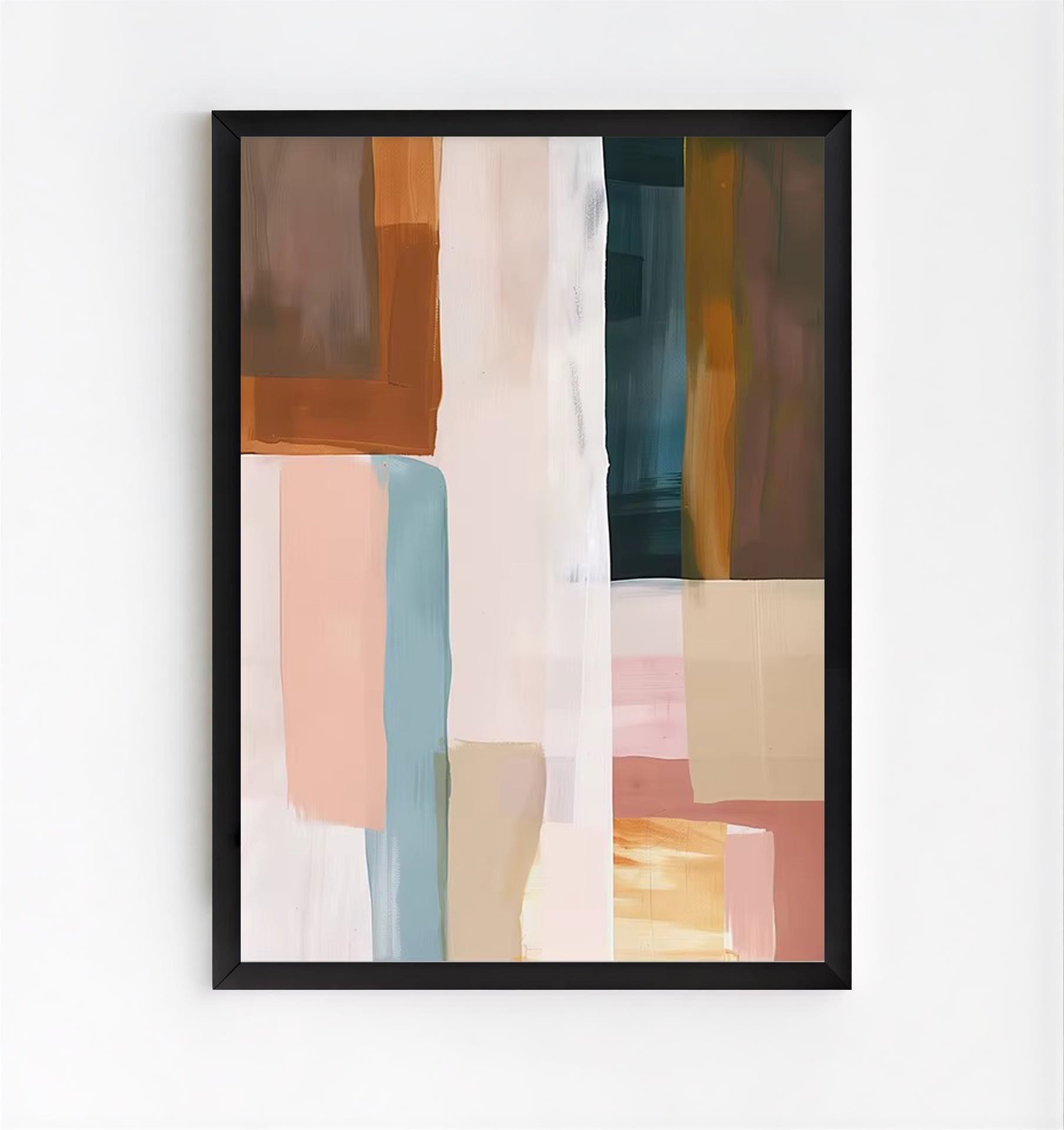 Abstract art print with colorful geometric shapes in a black frame on a white wall.