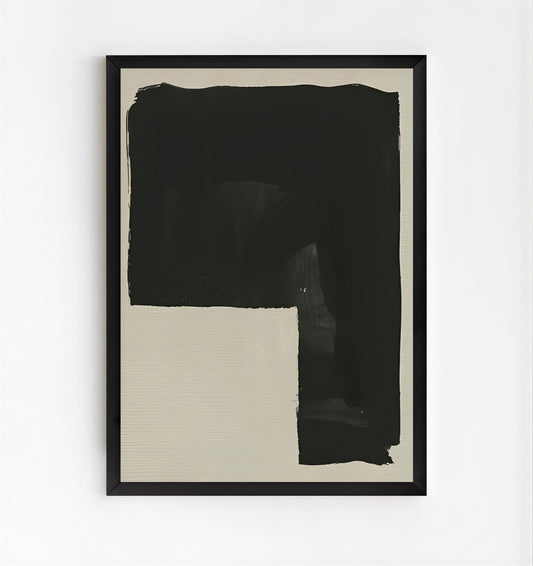 Framed abstract art piece with black and beige colors on a white background